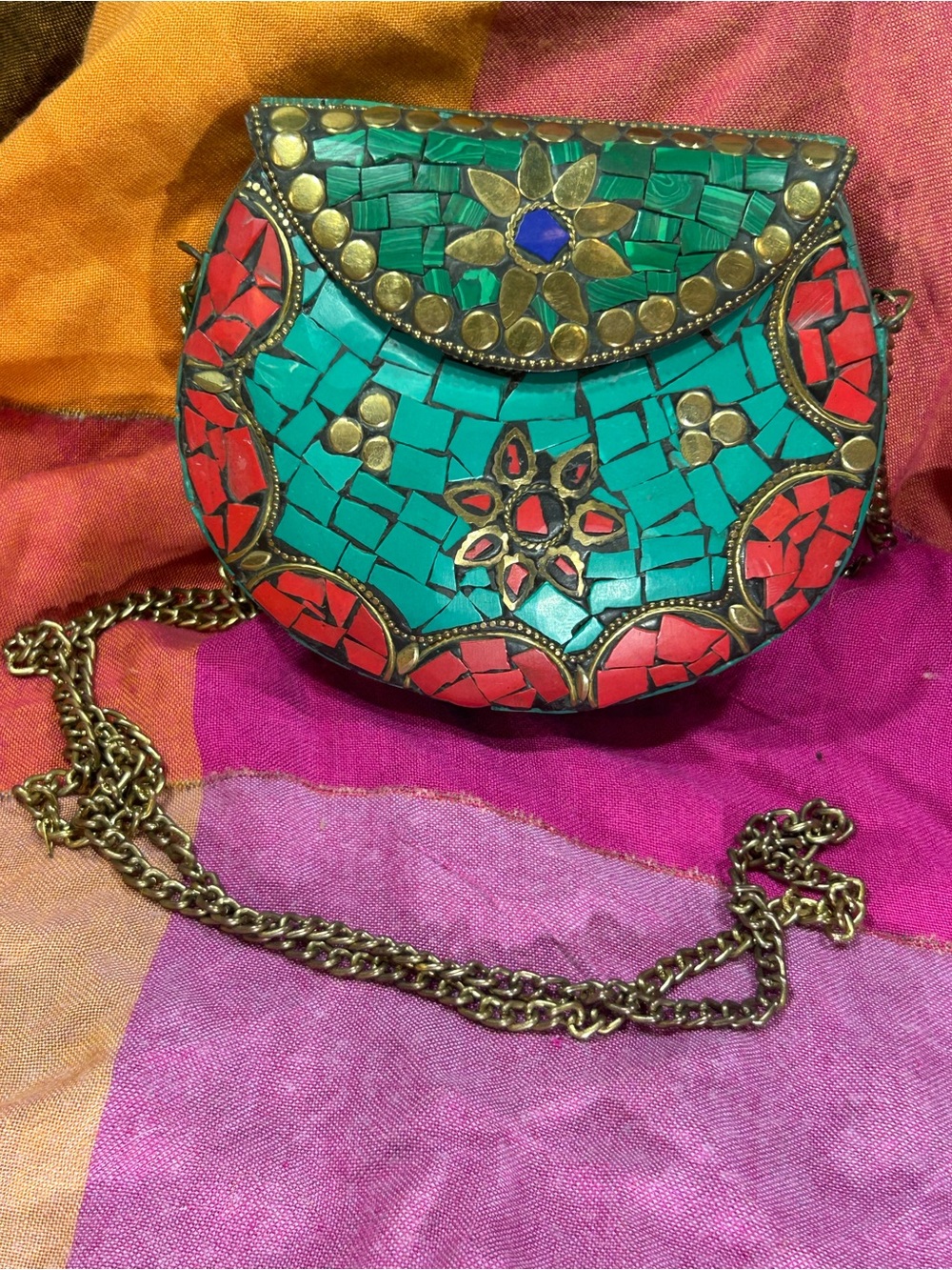 Vintage Turquoise & Red Mosaic Crossbody Tibetan Bag